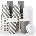 A stack of striped gray Jolly Chef paper cups with white lids, alongside neat stacks of plain white cups and lids, on a white background.