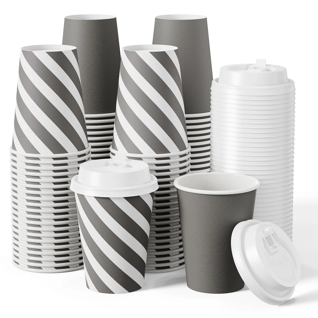 Jolly Chef blog cover from September 2024 a display of disposable paper cups featuring black-and-white striped designs, plain gray styles, and some with white lids, all stacked together.