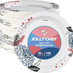 Jolly Chef blog cover from August 2024 stacked Jolly Chef heavy-duty 10-inch paper plates (140 count) showcase floral designs alongside the brand’s label.