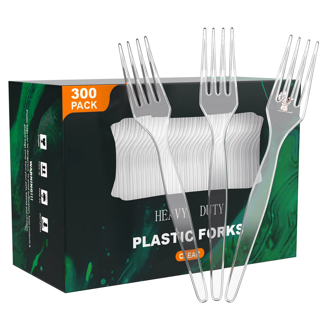 A box of 300 heavy-duty Jolly Chef plastic forks with three forks displayed in front, set against a green marbled background.