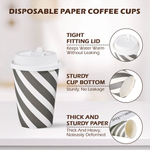 A Jolly Chef disposable paper coffee cup features a tight lid, sturdy bottom, and thick paper, highlighted with diagonal black and white stripes.