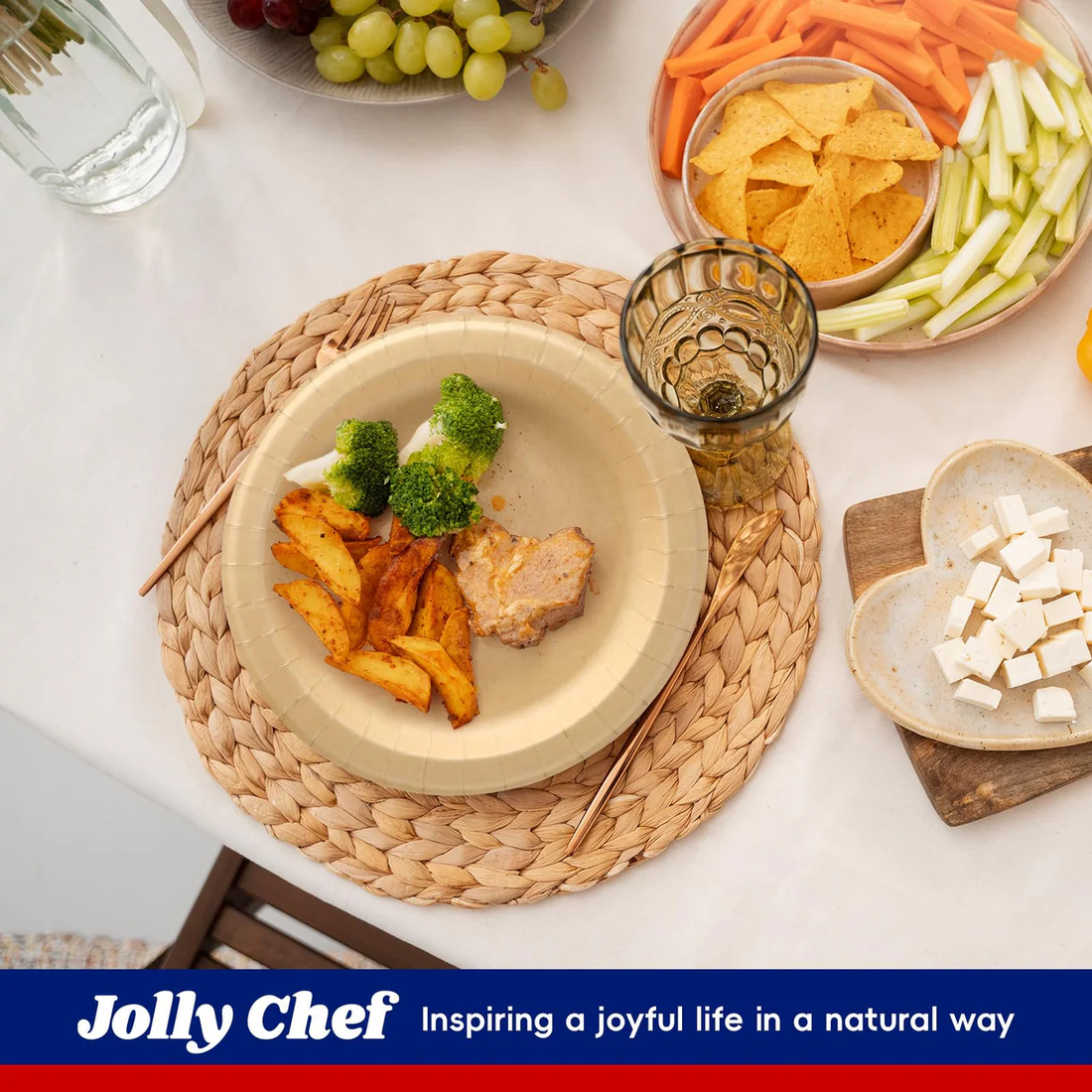 Jolly Chef blog cover from September 2024 A table showcases a Jolly Chef beige plate with fries, broccoli, and meat.