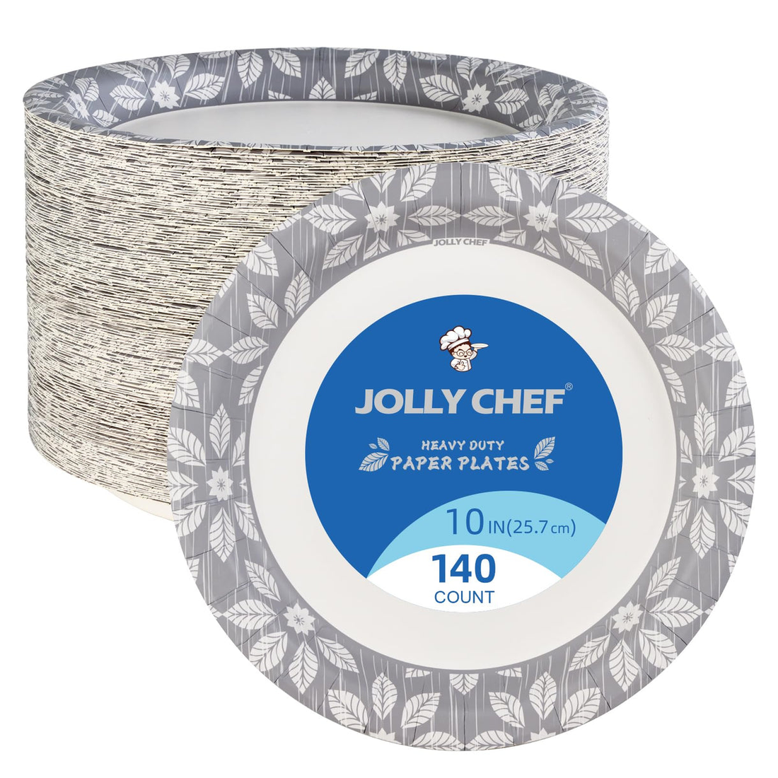 Heavy-duty Jolly Chef paper plates in a floral design, featuring a 10-inch size and 140 count, packaged in a stylish box.