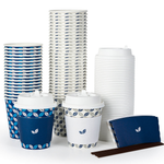 A collection of Jolly Chef disposable coffee cups in various designs, stacked alongside sleeves and straws, all arranged neatly on a white surface.