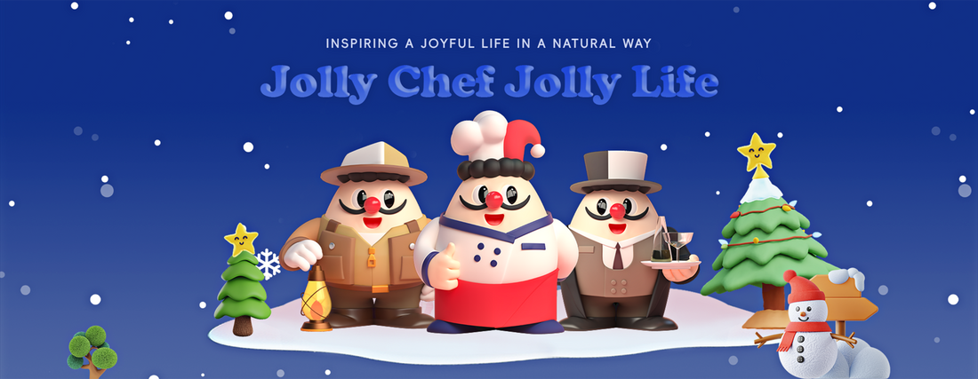 Three cheerful, cartoonish snowmen chefs stand in a winter scene, surrounded by a Christmas tree, snowman, and festive decorations.