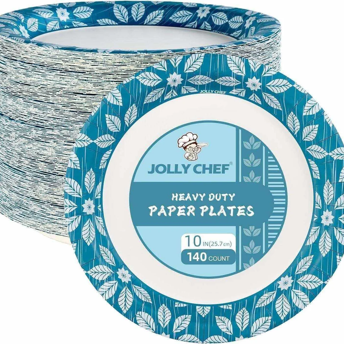 Jolly Chef blog cover from September 2024 Stacked Jolly Chef heavy-duty 10-inch paper plates (140 count) feature blue and white floral patterns.