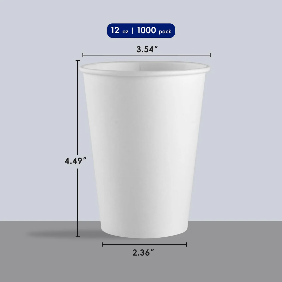 A Jolly Chef 12 oz white paper cup displayed with dimensions: height 4.49", top diameter 3.54", bottom diameter 2.36", available in a 1000 pack.