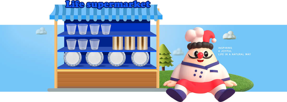 A whimsical cartoon supermarket stand with cups and plates, alongside a cheerful, oversized Jolly Chef mascot sitting on the grass.