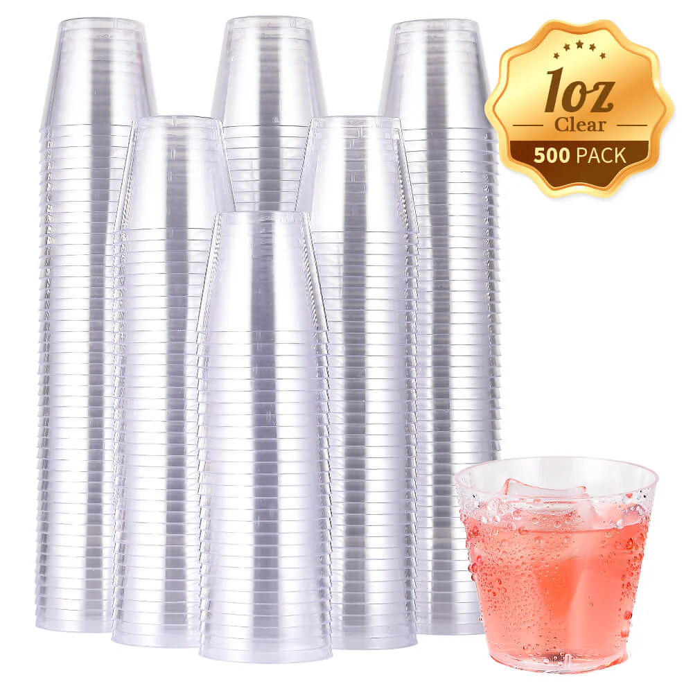 Jolly Chef blog cover from September 2024 stacks of 1oz clear plastic cups in a 500-pack are shown, accompanied by a sample cup filled with a pink drink.