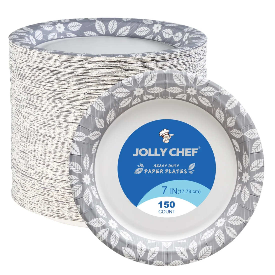 Jolly Chef blog cover from September 2024 stacked Jolly Chef 7-inch heavy-duty paper plates (150 count), adorned with grey leaf patterns.