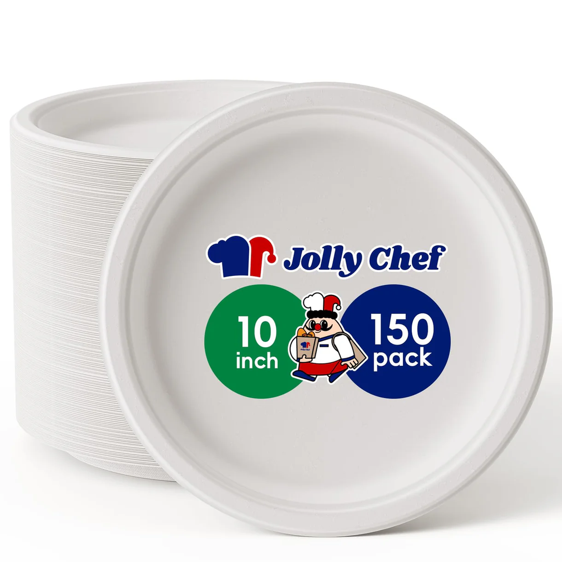 Jolly Chef blog cover from August 2024 Stacked 10-inch brown paper plates from Jolly Chef (140-pack) display the brand’s logo