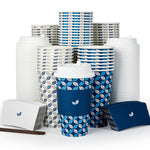 Jolly Chef blog cover from August 2024 a stack of disposable paper cups with blue and white leaf patterns.