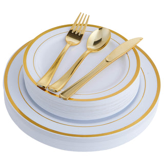 Gold Rimmed Plastic Dinnerware Set - Dinner & Salad Plates, Cups, Cutlery Set, Napkin - Wedding & Birthday Parties - Jolly Chef - JOLLYCHEF