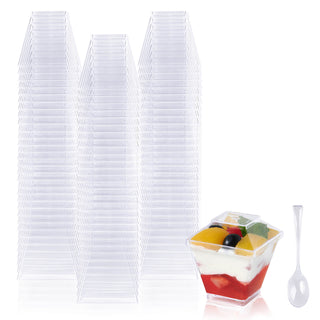 2oz/ 3oz / 5oz Square Mini Plastic Dessert Cups with Spoon & Lids - Party Desserts & Wedding - Jolly Chef - JOLLYCHEF