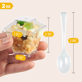 2oz/ 3oz / 5oz Square Mini Plastic Dessert Cups with Spoon & Lids - Party Desserts & Wedding - Jolly Chef - JOLLYCHEF