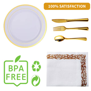 Gold Rimmed Plastic Dinnerware Set - Dinner & Salad Plates, Cups, Cutlery Set, Napkin - Wedding & Birthday Parties - Jolly Chef - JOLLYCHEF