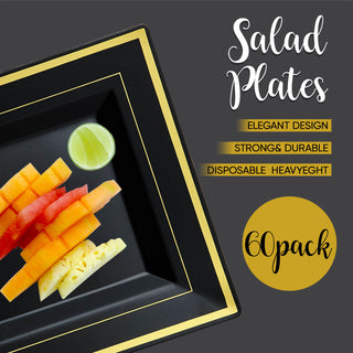 9.5in Black with Gold Rim Elegant Square Plastic Plates - Wedding & Holiday Dinner - Jolly Chef - JOLLYCHEF