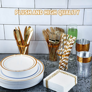 Gold Rimmed Plastic Dinnerware Set - Dinner & Salad Plates, Cups, Cutlery Set, Napkin - Wedding & Birthday Parties - Jolly Chef - JOLLYCHEF