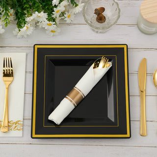 9.5in Black with Gold Rim Elegant Square Plastic Plates - Wedding & Holiday Dinner - Jolly Chef - JOLLYCHEF