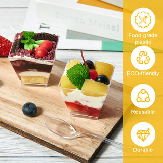 2oz/ 3oz / 5oz Square Mini Plastic Dessert Cups with Spoon & Lids - Party Desserts & Wedding - Jolly Chef - JOLLYCHEF