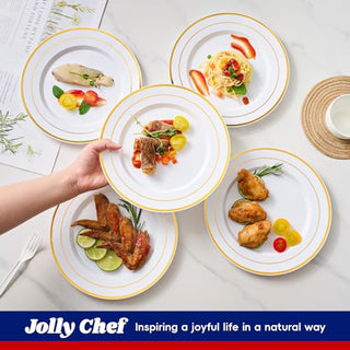 10in White with Gold Rim Elegant Plastic Plates - Party & Wedding - Jolly Chef - JOLLYCHEF