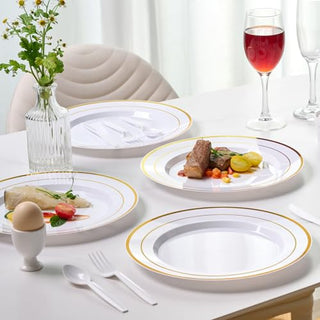 10in White with Gold Rim Elegant Plastic Plates - Party & Wedding - Jolly Chef - JOLLYCHEF