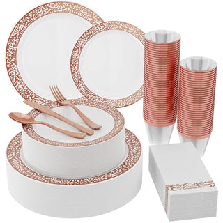 White with Rose Gold Rim Round Plastic Gold Dinnerware Set - Party & Dinner Events - Jolly Chef - JOLLYCHEF