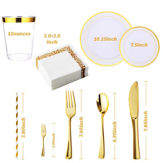 Gold Rimmed Plastic Dinnerware Set - Dinner & Salad Plates, Cups, Cutlery Set, Napkin - Wedding & Birthday Parties - Jolly Chef - JOLLYCHEF