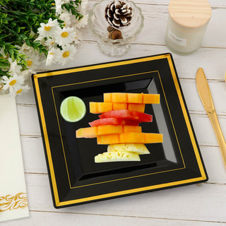 9.5in Black with Gold Rim Elegant Square Plastic Plates - Wedding & Holiday Dinner - Jolly Chef - JOLLYCHEF