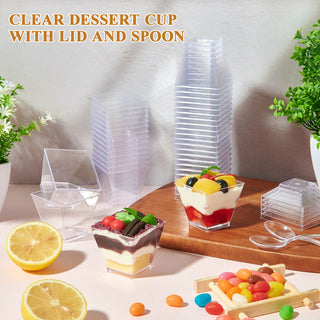 2oz/ 3oz / 5oz Square Mini Plastic Dessert Cups with Spoon & Lids - Party Desserts & Wedding - Jolly Chef - JOLLYCHEF