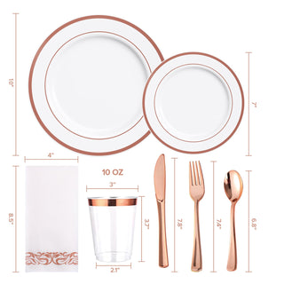 Rose Gold Rimmed Plastic Dinnerware Set - Dinner & Salad Plates, Cups, Cutlery Set, Napkin - Wedding & Birthday Parties - Jolly Chef - JOLLYCHEF