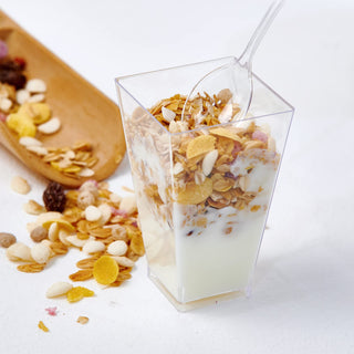 2oz/ 3oz Square Plastic Dessert Cups with Spoons - Party & Special Events Use - Jolly Chef - JOLLYCHEF
