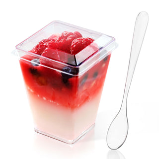 2oz/ 3oz / 5oz Square Mini Plastic Dessert Cups with Spoon & Lids - Party Desserts & Wedding - Jolly Chef - JOLLYCHEF