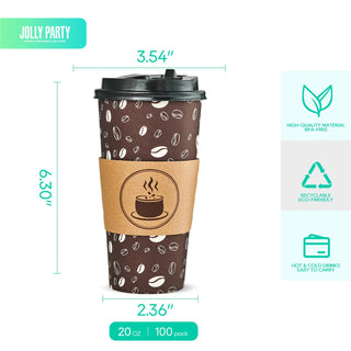 Multiple Size Brown Paper Coffee Cups with Lids & Sleeves & Straws - Hot Coffee & Office - Jolly Party - JOLLYCHEF
