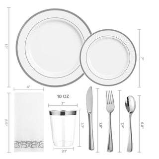 Sliver Rimmed Plastic Dinnerware Set - Dinner & Salad Plates, Cups, Cutlery Set, Napkin - Wedding & Birthday Parties - Jolly Chef - JOLLYCHEF