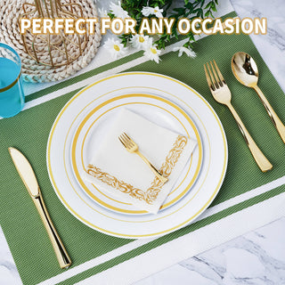 Gold Rimmed Plastic Dinnerware Set - Dinner & Salad Plates, Cups, Cutlery Set, Napkin - Wedding & Birthday Parties - Jolly Chef - JOLLYCHEF