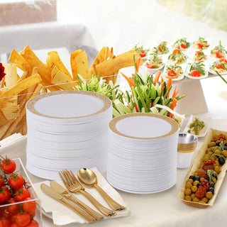 White with Gold Rim Round Plastic Gold Dinnerware Set - Party & Dinner Events - Jolly Chef - JOLLYCHEF