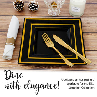 9.5in Black with Gold Rim Elegant Square Plastic Plates - Wedding & Holiday Dinner - Jolly Chef - JOLLYCHEF