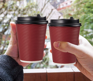 12oz Red Ripple Wall Paper Coffee Cups with Lids and Straw - Hot Drinks & Cafe - LITOPAK - JOLLYCHEF