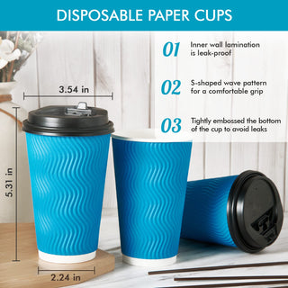 8oz/ 12oz/ 16oz Blue Ripple Wall Paper Coffee Cups with Lids and Straw - Hot Drinks & Cafe - DAILYPACK - JOLLYCHEF
