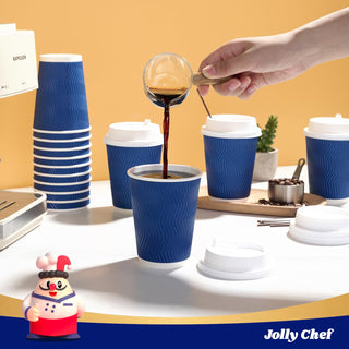 12oz/ 16oz Blue Ripple Wall Paper Coffee Cups with Lids & Stirrers - Hot/Cold Drinking & Office - Jolly Chef - JOLLYCHEF