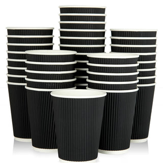 8oz/ 12oz/ 16oz Elegant Black Ripple Wall Durable Paper Coffee Cups - Tea Hot Chocolate & Office - Jolly Pack - JOLLYCHEF