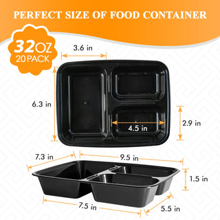 32oz Black Square 3 - Compartment Microwave - Safe Meal Prep Containers with Lids - Lunch Boxes & Meal Prep - MUCHII - JOLLYCHEF