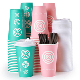 12oz/16oz/20oz Pink & Green Paper Coffee Cups with Lids and Straw - Office & Travel - Jolly Pack - JOLLYCHEF