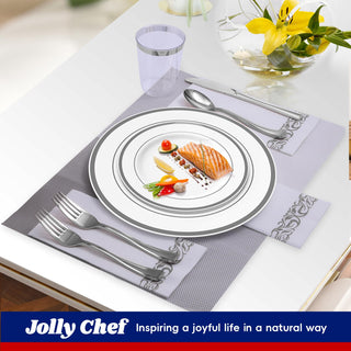 Sliver Rimmed Plastic Dinnerware Set - Dinner & Salad Plates, Cups, Cutlery Set, Napkin - Wedding & Birthday Parties - Jolly Chef - JOLLYCHEF