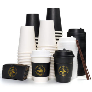 12oz/ 16oz Black & White Paper Coffee Cups With Lids & Sleeves & Stirrers - Office & Cafe - Jolly Chef - JOLLYCHEF