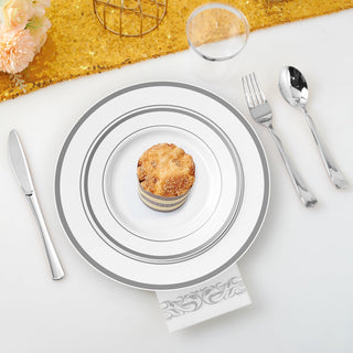 Sliver Rimmed Plastic Dinnerware Set - Dinner & Salad Plates, Cups, Cutlery Set, Napkin - Wedding & Birthday Parties - Jolly Chef - JOLLYCHEF