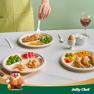9in/ 10in Brown Round 3 Compartment Plates - Party & BBQ - Jolly Chef - JOLLYCHEF