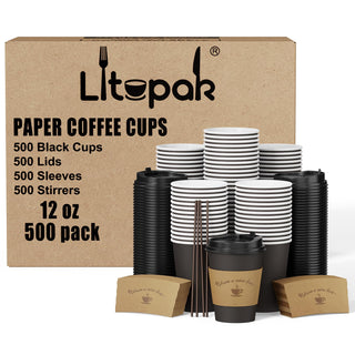 Multiple Size Black Paper Coffee Cups With Black Lids & Sleeves & Stirring Sticks - Office & Party - LITOPAK - JOLLYCHEF