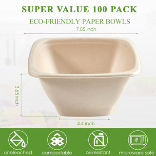 Natural Square Eco - Friendly Compostable Bowls - Snacks & Salads - Vplus - JOLLYCHEF